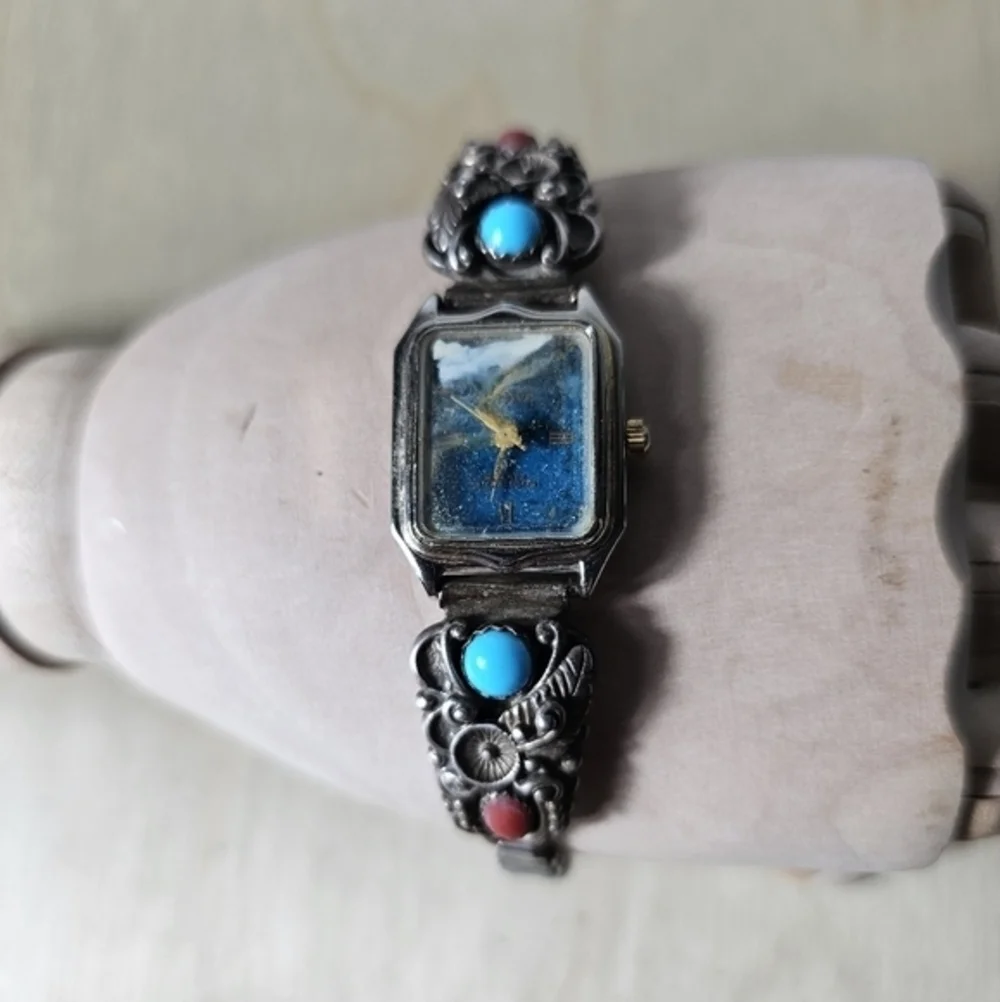 Navajo Sterling Silver STC Skyway Trading Co Turquoise/ Coral Native Runs